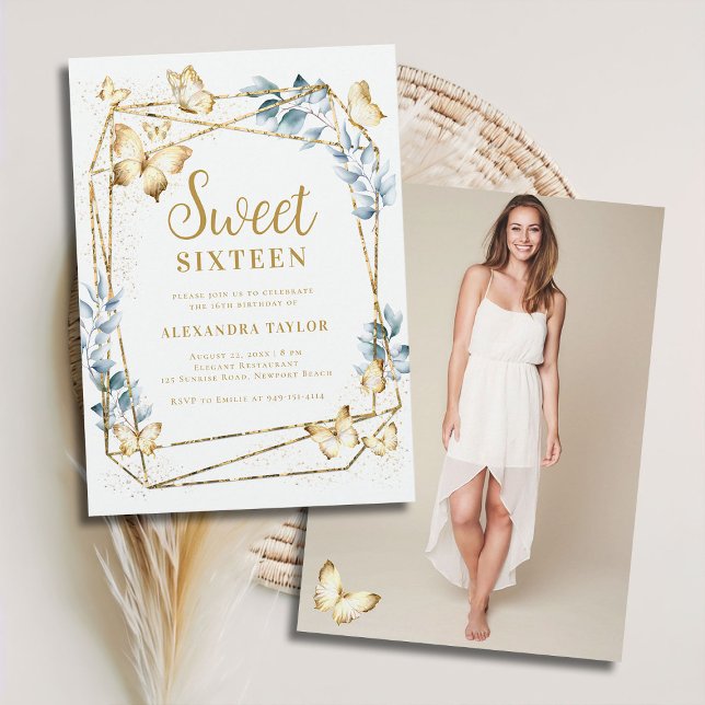 Invitación Terrarium Marco geométrico mariposa foto dulce 16 (terrarium geometric frame border butterflies gold boho chic modern contemporary sweet 16 photo)