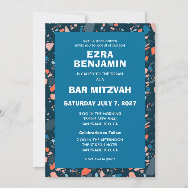 Invitación Terrazzo Mano Dibujó Bar Personalizado Bat Mitzvah (Anverso)