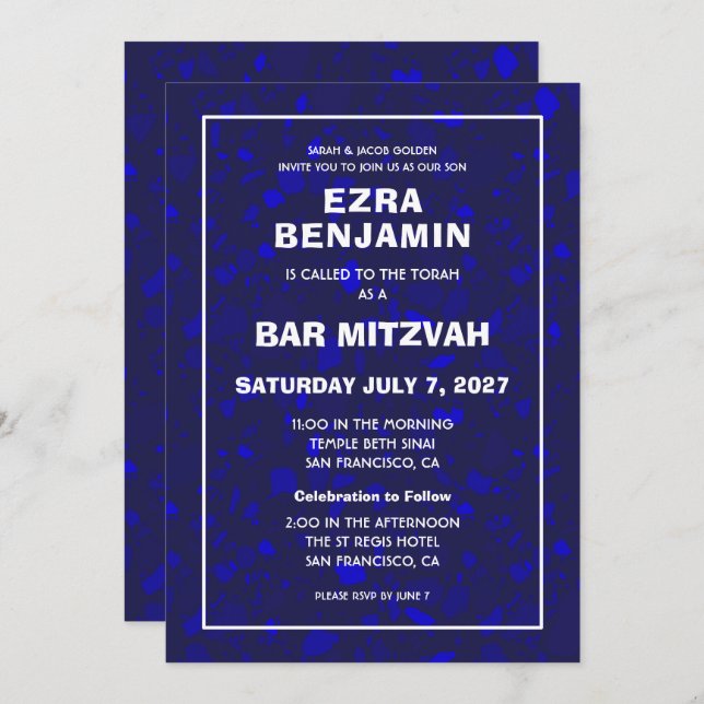 Invitación Terrazzo Mano Dibujó Bar Personalizado Bat Mitzvah (Anverso / Reverso)