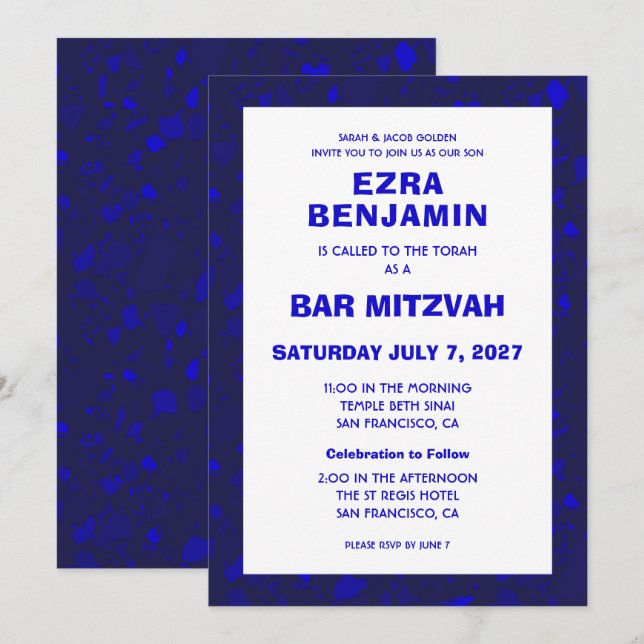 Invitación Terrazzo Mano Dibujó Bar Personalizado Bat Mitzvah (Anverso / Reverso)