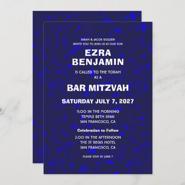 Invitación Terrazzo Mano Dibujó Bar Personalizado Bat Mitzvah (Anverso / Reverso)