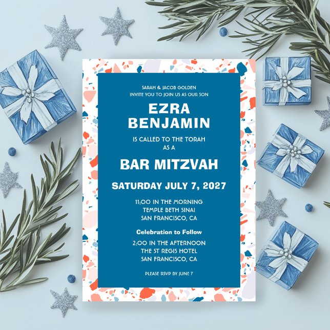 Invitación Terrazzo Mano Dibujó Bar Personalizado Bat Mitzvah (Terrazzo Hand Drawn Custom Bar Bat Mitzvah Invitation
)