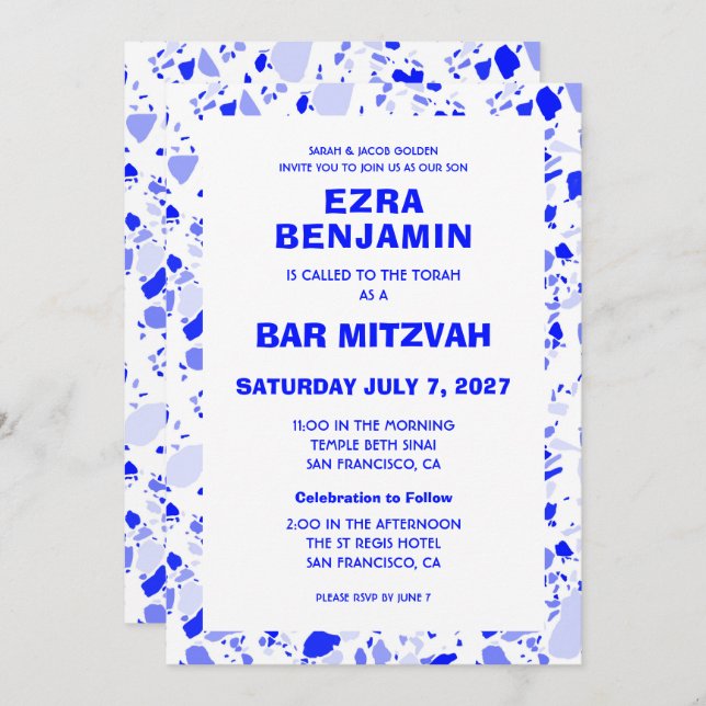 Invitación Terrazzo Mano Dibujó Bar Personalizado Bat Mitzvah (Anverso / Reverso)