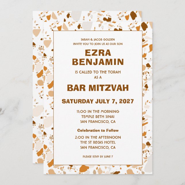 Invitación Terrazzo Mano Dibujó Bar Personalizado Bat Mitzvah (Anverso / Reverso)