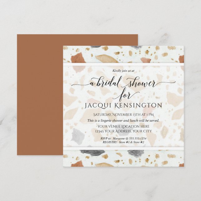 Invitación Terrazzo Terra-cotta Moderno Cuadrado Ducha Bridal (Anverso / Reverso)