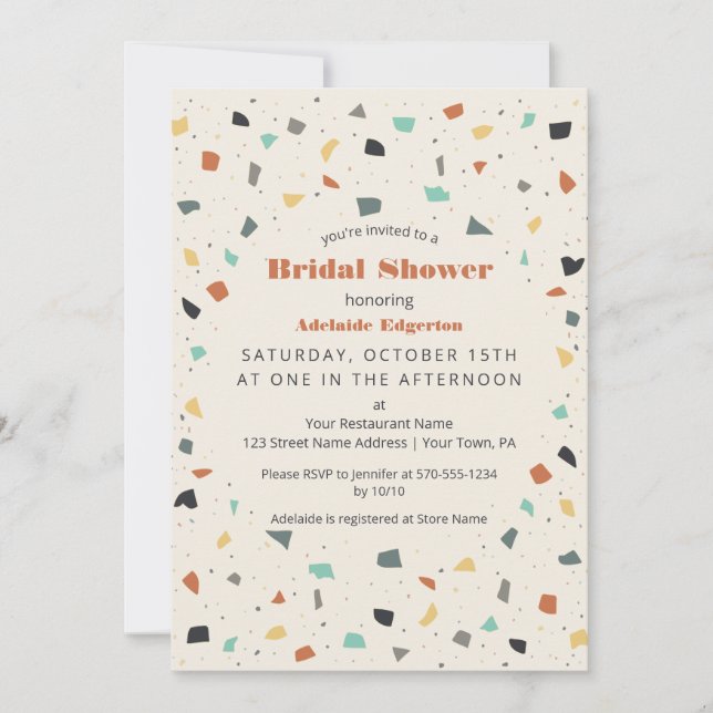 Invitación Terrazzo Tile Confetti Moderno Estilo Ducha Novial (Anverso)