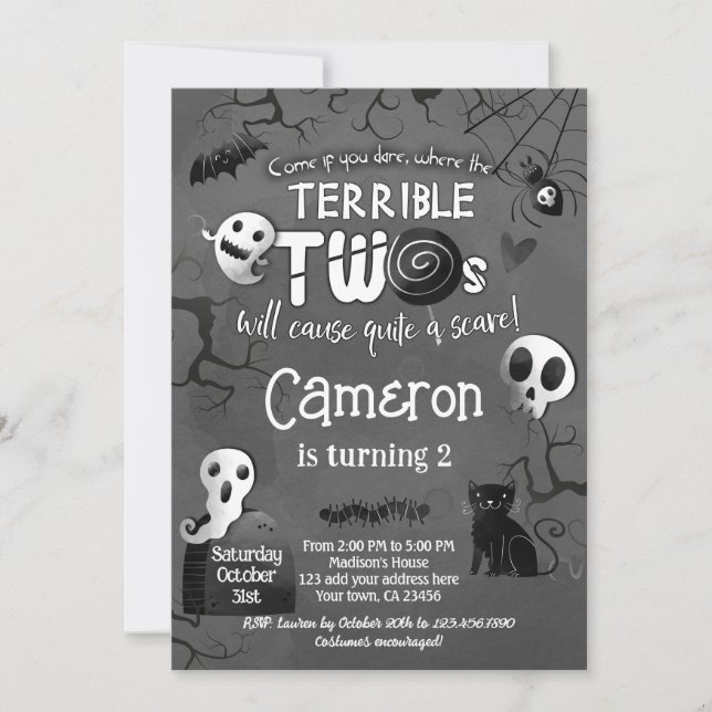 Invitación Terrible Two Black & White Spooktacular Halloween (Anverso)
