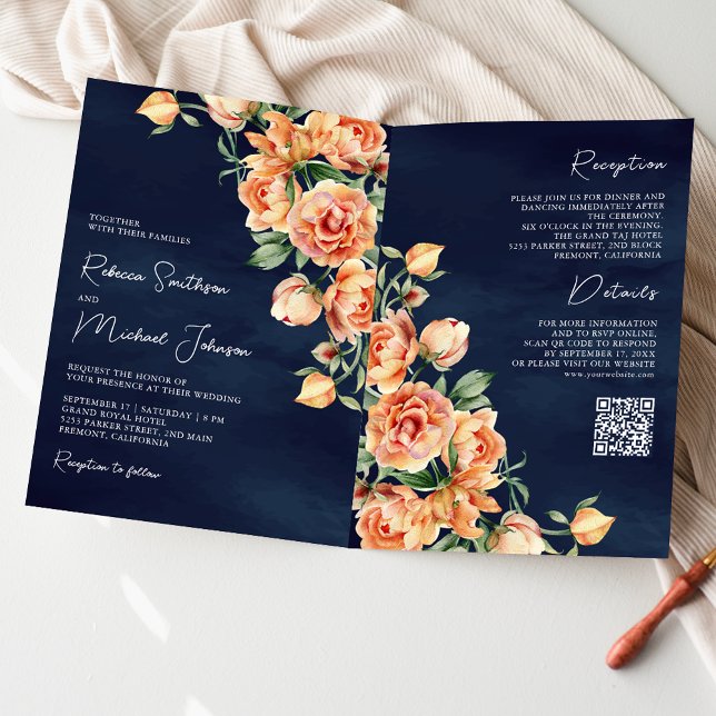 Invitación Terroso Floral de Melocotón Azul Marino Código QR  (Subido por el creador)