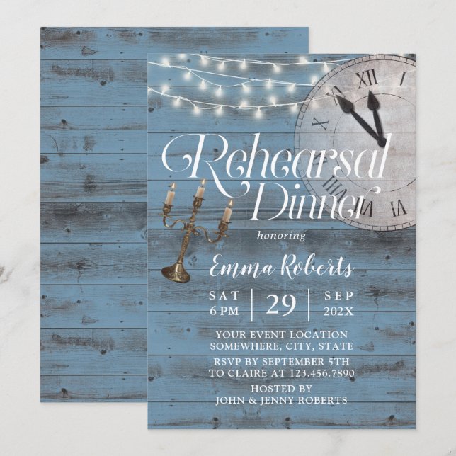 Invitación Testigo de hadas Dusty Blue Barn Boda Ensayo Cena (Anverso / Reverso)