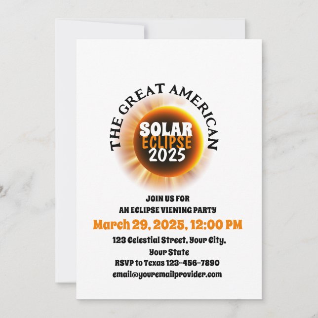 Invitación Testigo del eclipse solar total 3/29/2025 EE.UU. (Anverso)