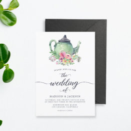 Invitación Tetera acuarela y Boda floral