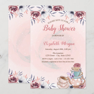 Invitación Tetera Adorable Fiesta de Té Floral para Baby Show