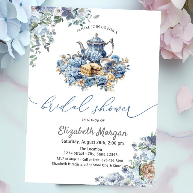 Invitación Tetera Azul Acuarela  Shower Floral para Bebé (Subido por el creador)