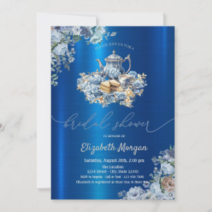Invitación Tetera Azul Floral Azul Metalizado Baby Shower