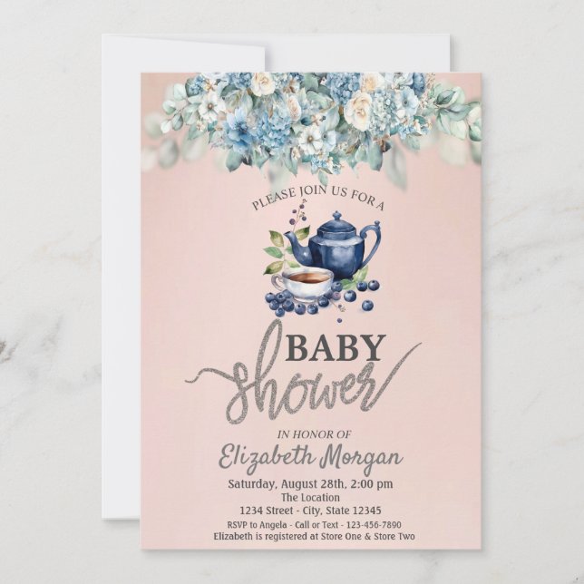 Invitación Tetera  Baby Shower Floral Arándano (Anverso)
