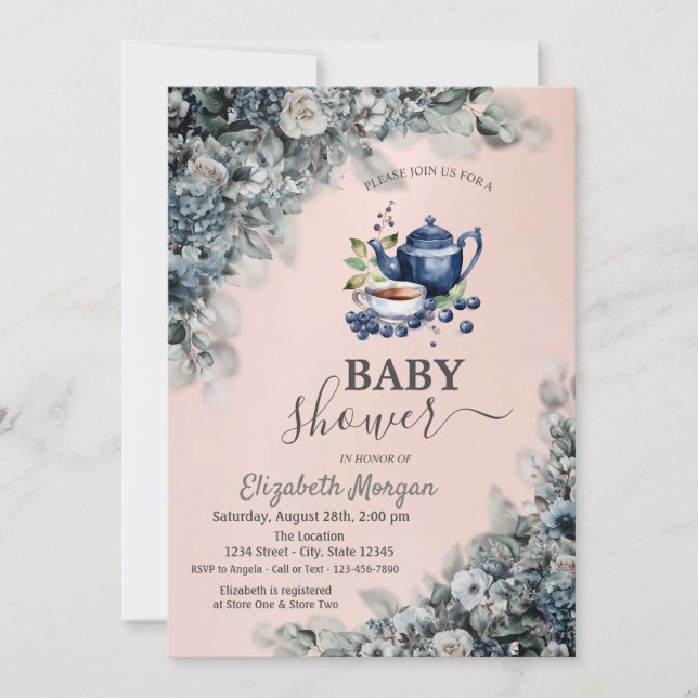 Invitación Tetera de acuarela Flores de arándano Baby Shower (Anverso)