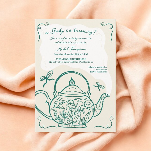 Invitación Tetera de arco verde retro bebé se está preparando (Retro green bow teapot baby is brewing Baby shower Invitation)