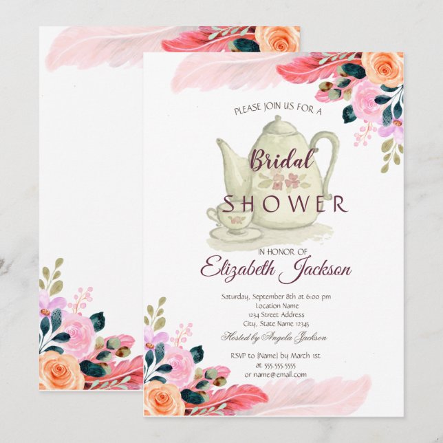 Invitación Tetera de flores con plumas chic para la fiesta de (Anverso / Reverso)