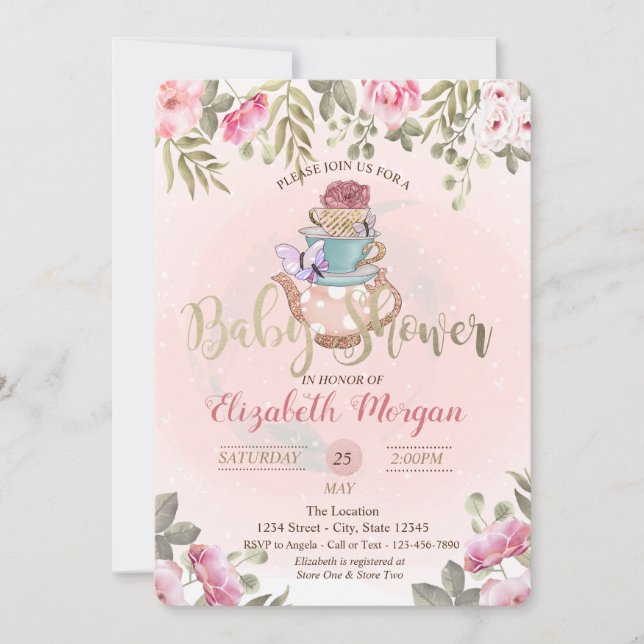 Invitación Tetera de Flores de Acuarela  Fiesta de Bebé (Anverso)