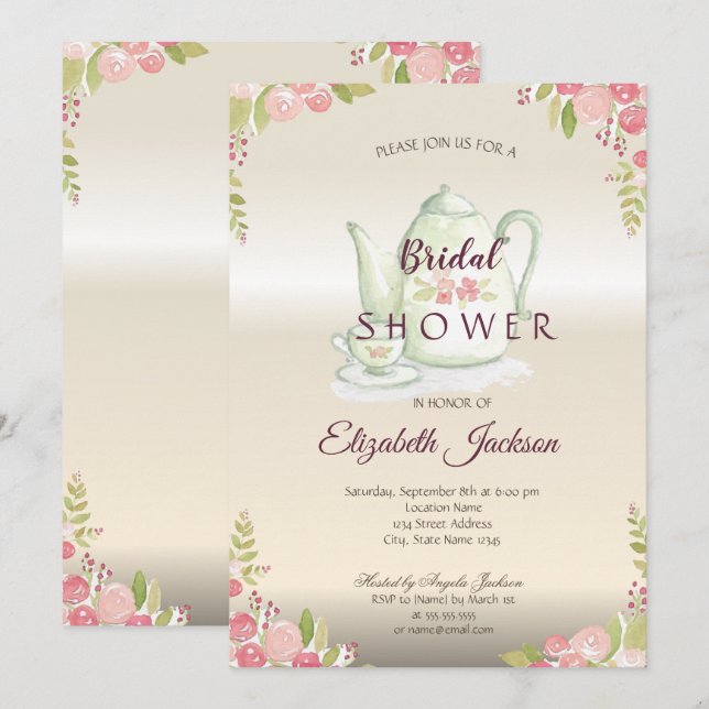 Invitación Tetera de flores elegantes para fiesta de desposad (Anverso / Reverso)