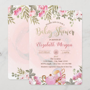 Invitación Tetera de Macarons Florales de Acuarela para Baby