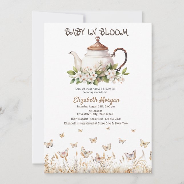 Invitación Tetera de Mariposas del Prado para Baby Shower (Anverso)