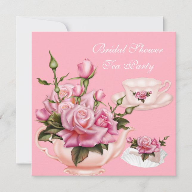 Invitación Tetera de rosa rosa para fiesta de despedida de so (Anverso)