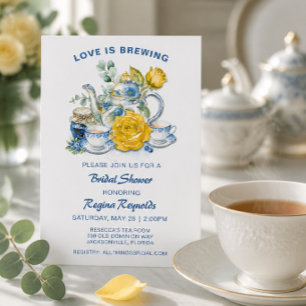 Invitación Tetera de té azul y blanco de Chinoiserie Rosas Fi