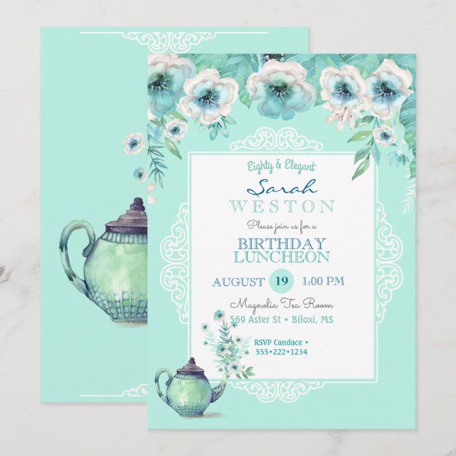 Invitación Tetera de Té de Menta Acuarela Flores (Anverso / Reverso)