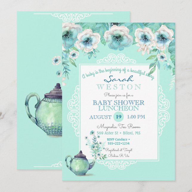 Invitación Tetera de Té de Menta Acuarela Flores (Anverso / Reverso)