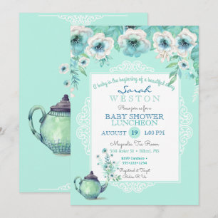 Invitación Tetera de Té de Menta Acuarela Flores
