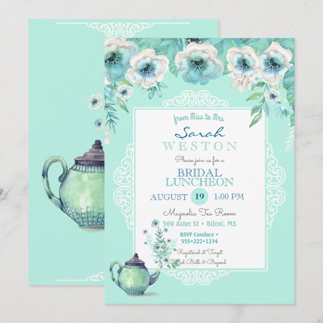 Invitación Tetera de Té de Menta Acuarela Flores (Anverso / Reverso)