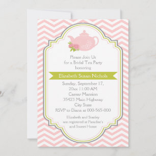Invitación Tetera fiesta de té, ducha de novia verde rosa che