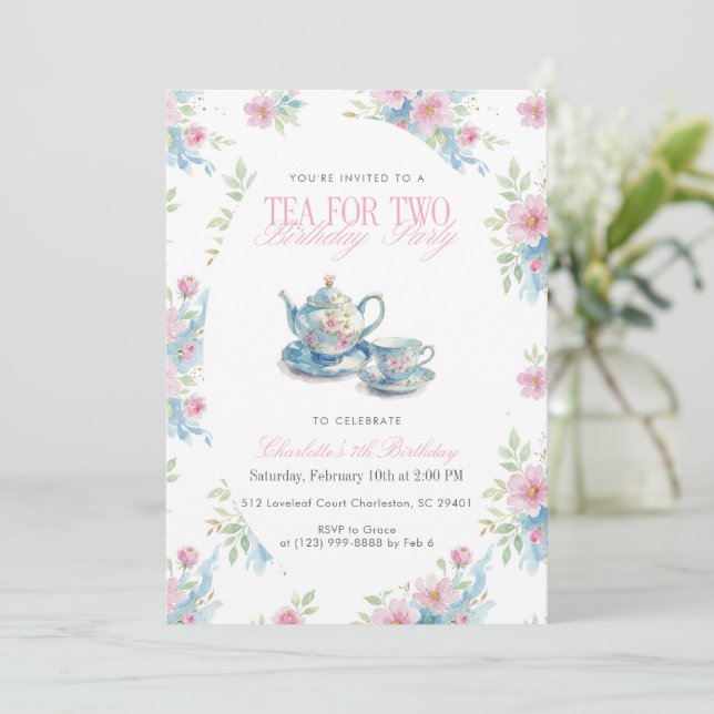 Invitación Tetera floral Acuarela té para dos Cumpleaños (Anverso de pie)