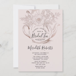 Invitación Tetera floral de oro Rosa Rubor Té de novia rosa