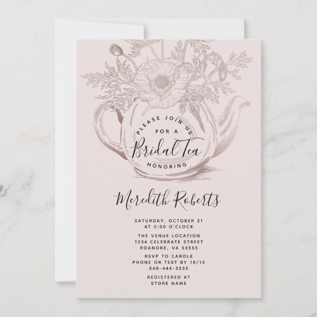 Invitación Tetera floral de oro Rosa Rubor Té de novia rosa (Anverso)
