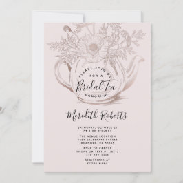 Invitación Tetera floral de oro Rosa Rubor Té de novia rosa