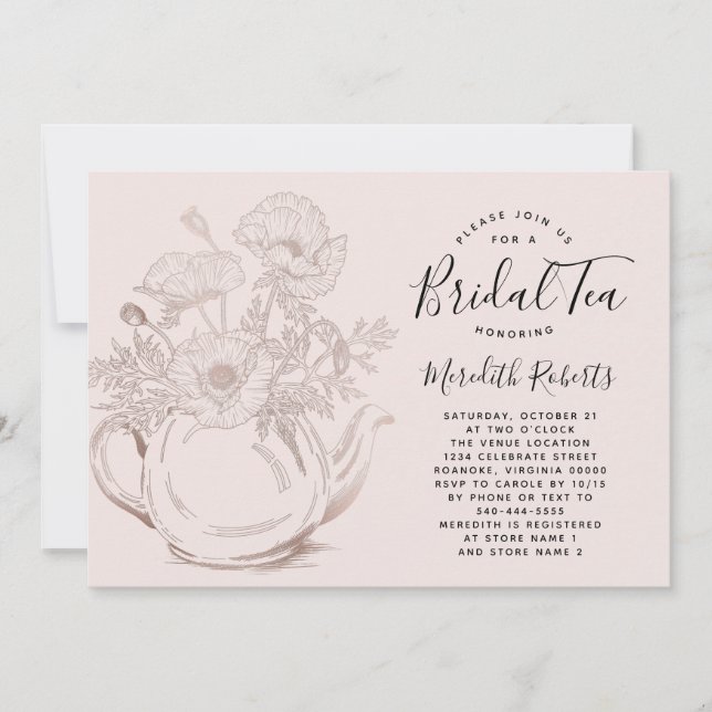 Invitación Tetera floral de oro Rosa Rubor Té de novia rosa (Anverso)