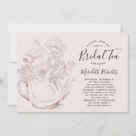Invitación Tetera floral de oro Rosa Rubor Té de novia rosa
