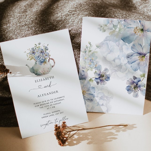 Invitación Tetera floral elegante boda azul (Subido por el creador)