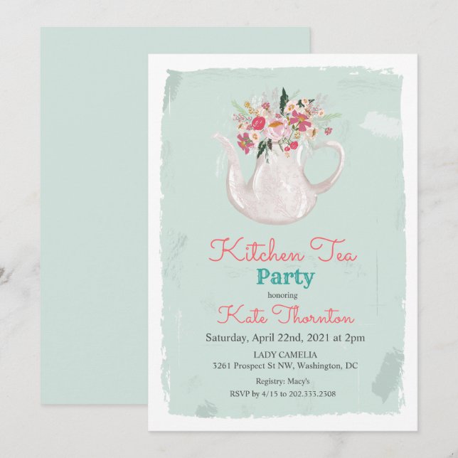 Invitación Tetera floral fiesta de té cocina té (Anverso / Reverso)