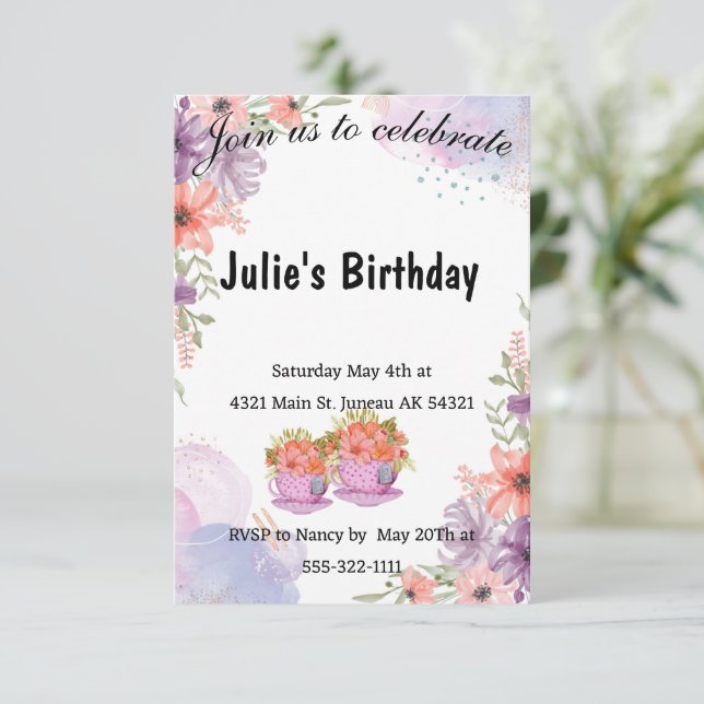 Invitación Tetera floral lavanda cumpleaños  (Anverso de pie)