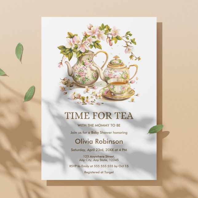 Invitación Tetera Floral Momento de Tomar Té Shower de Bebé  (Floral Teapot Time for Tea Baby Shower Invitation )