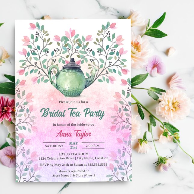 Invitación Tetera floral para fiesta de té elegante (Elegant tea party invite with  teapot and floral design elements front view.)