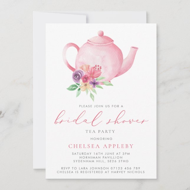 Invitación Tetera floral rosa ducha de novia Fiesta de té (Anverso)
