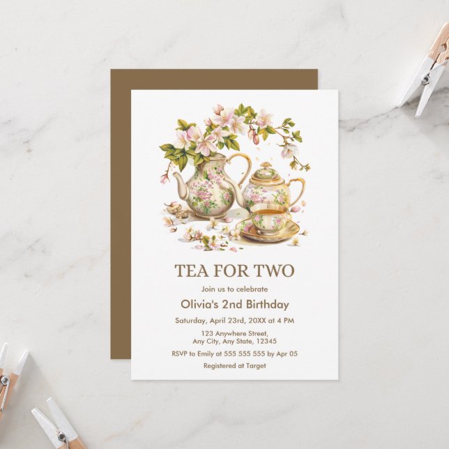 Invitación Tetera Floral Tiempo para Dos 2do Cumpleaños (Anverso/Reverso In Situ)