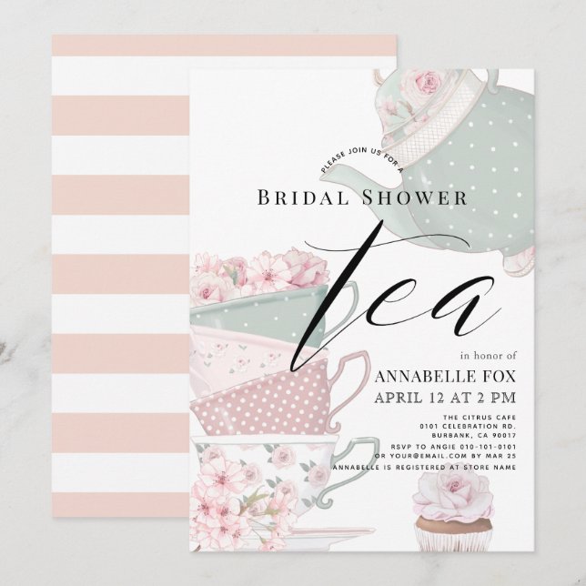 Invitación Tetera floral y tazas de té ducha de novia rosa (Anverso / Reverso)