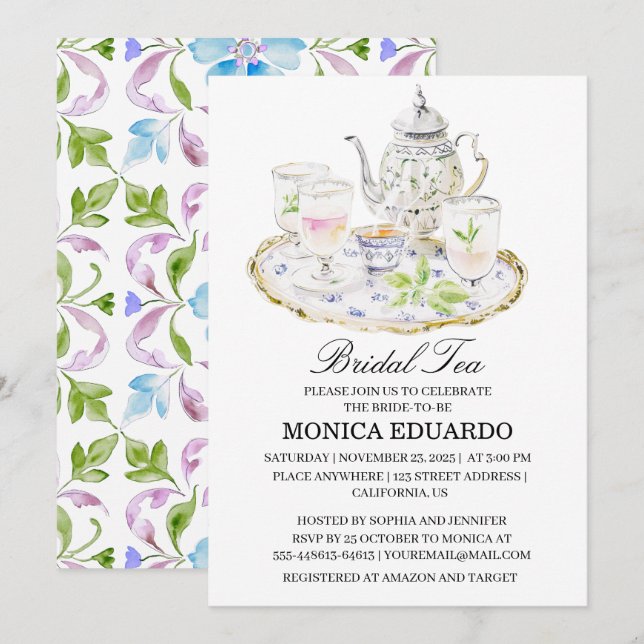 Invitación Tetera marroquí Boho acuarela Ducha de novia (Anverso / Reverso)
