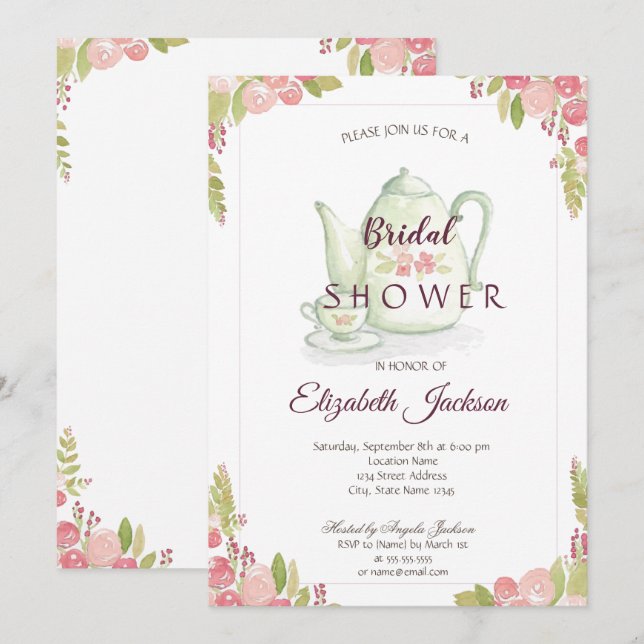 Invitación Tetera para Desayuno de Novia Flores Chic (Anverso / Reverso)