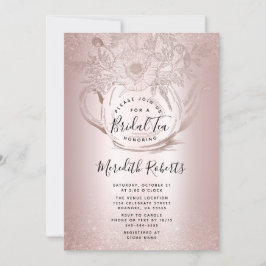 Invitación Tetera Rosa con flores de oro Relieve metalizado R